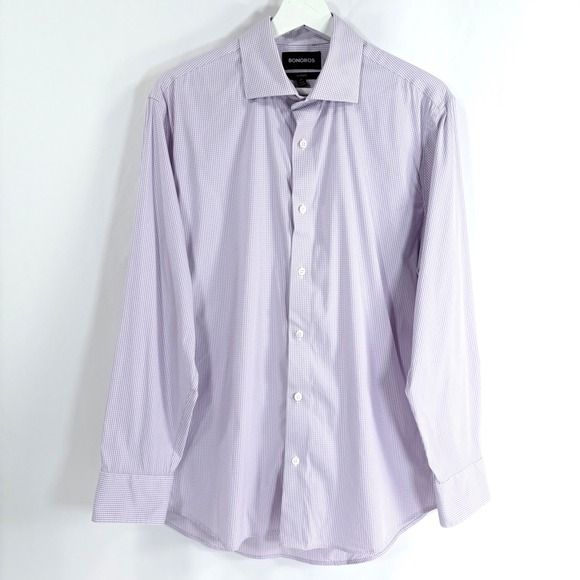 Bonobos Mens Tailored Fit Dress Shirt 16.5 34 Lavender Gingham Micro Check - Picture 2 of 6